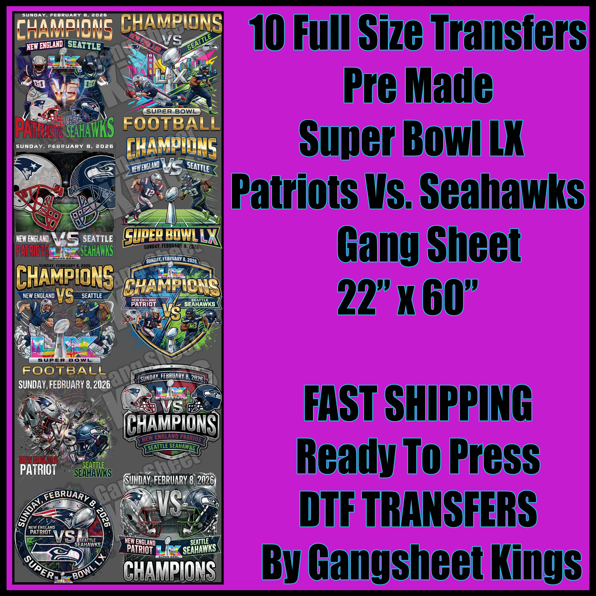 Super Bowl LX Patriots Vs. Seahawks NFL Gangsheet