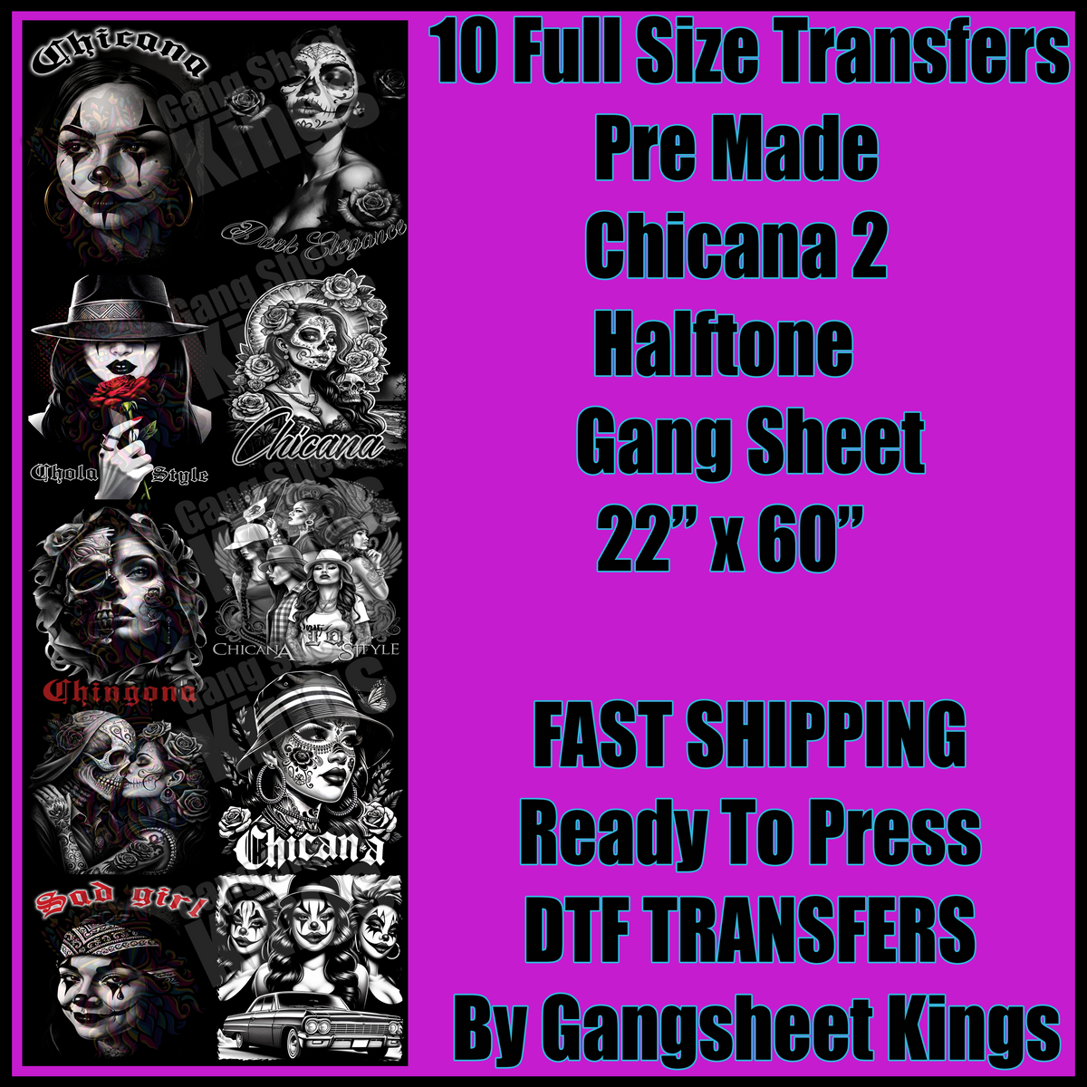 Chicana 2 Halftone for Black Shirts Gangsheet