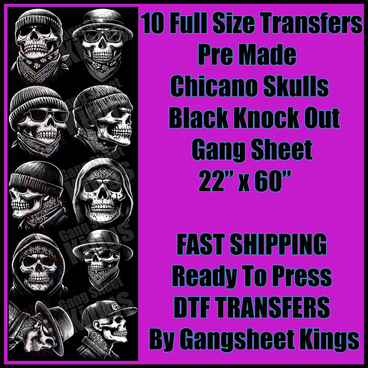 Chicano Skulls Black Knock Out Gangsheet