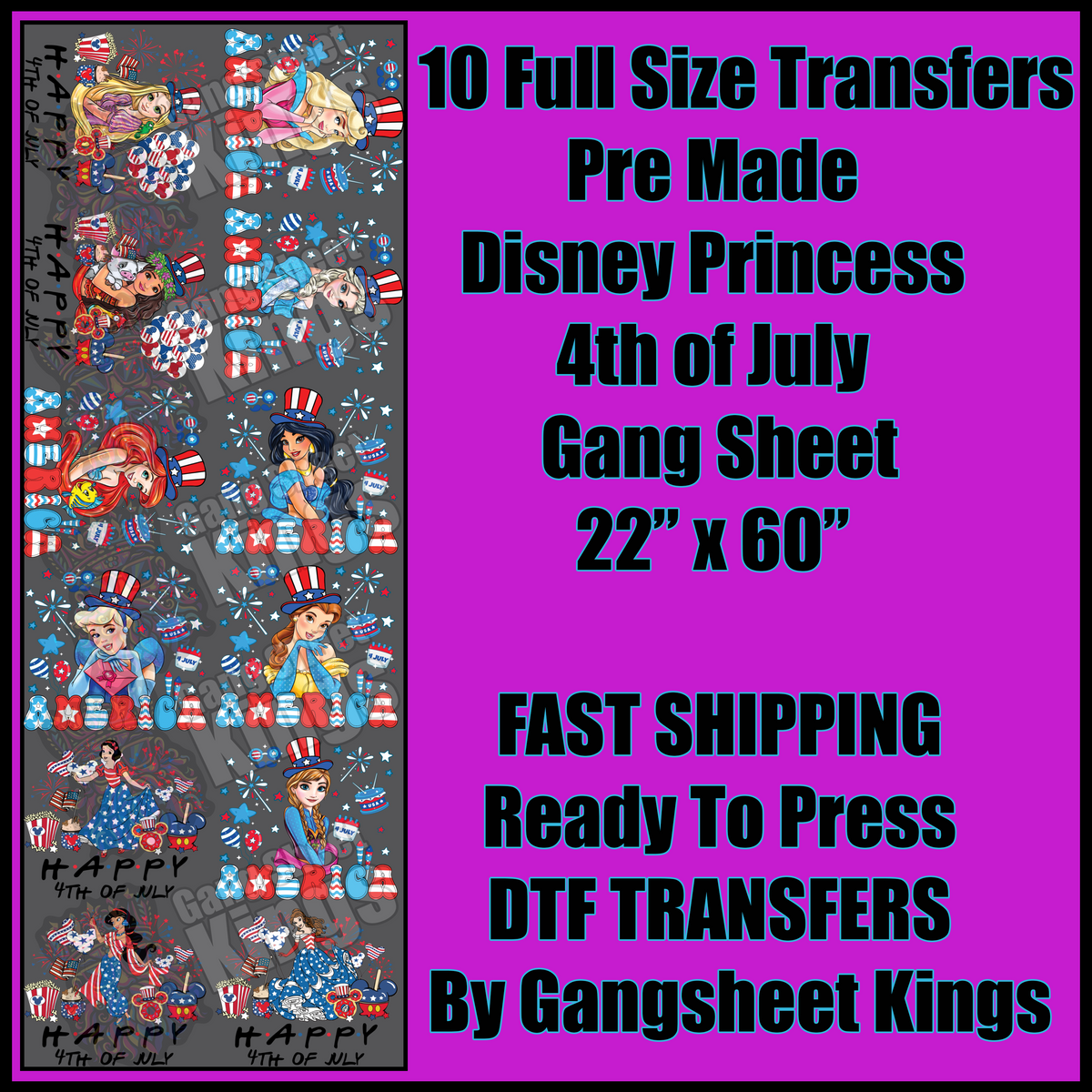 Disney Princess 4th of July Gangsheet