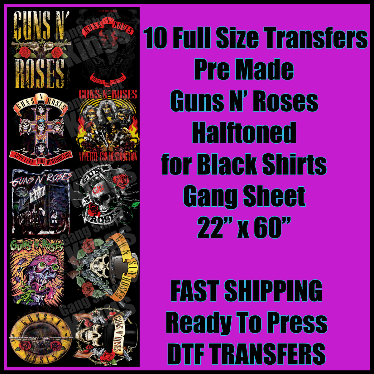 Guns N Roses Halftoned for Black Shirts Gangsheet