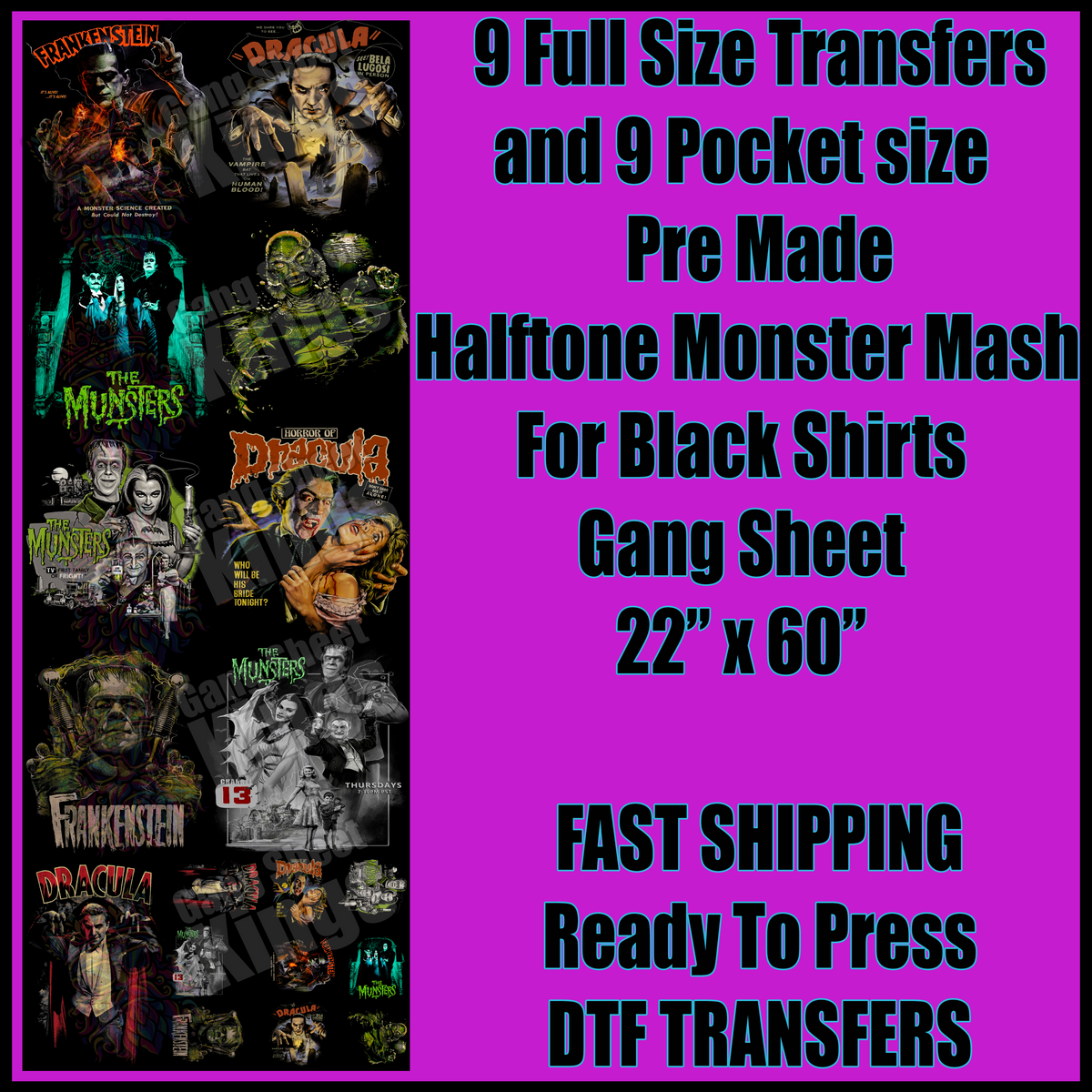 Halftone Monster Mash Halloween For Black Shirts Gangsheet