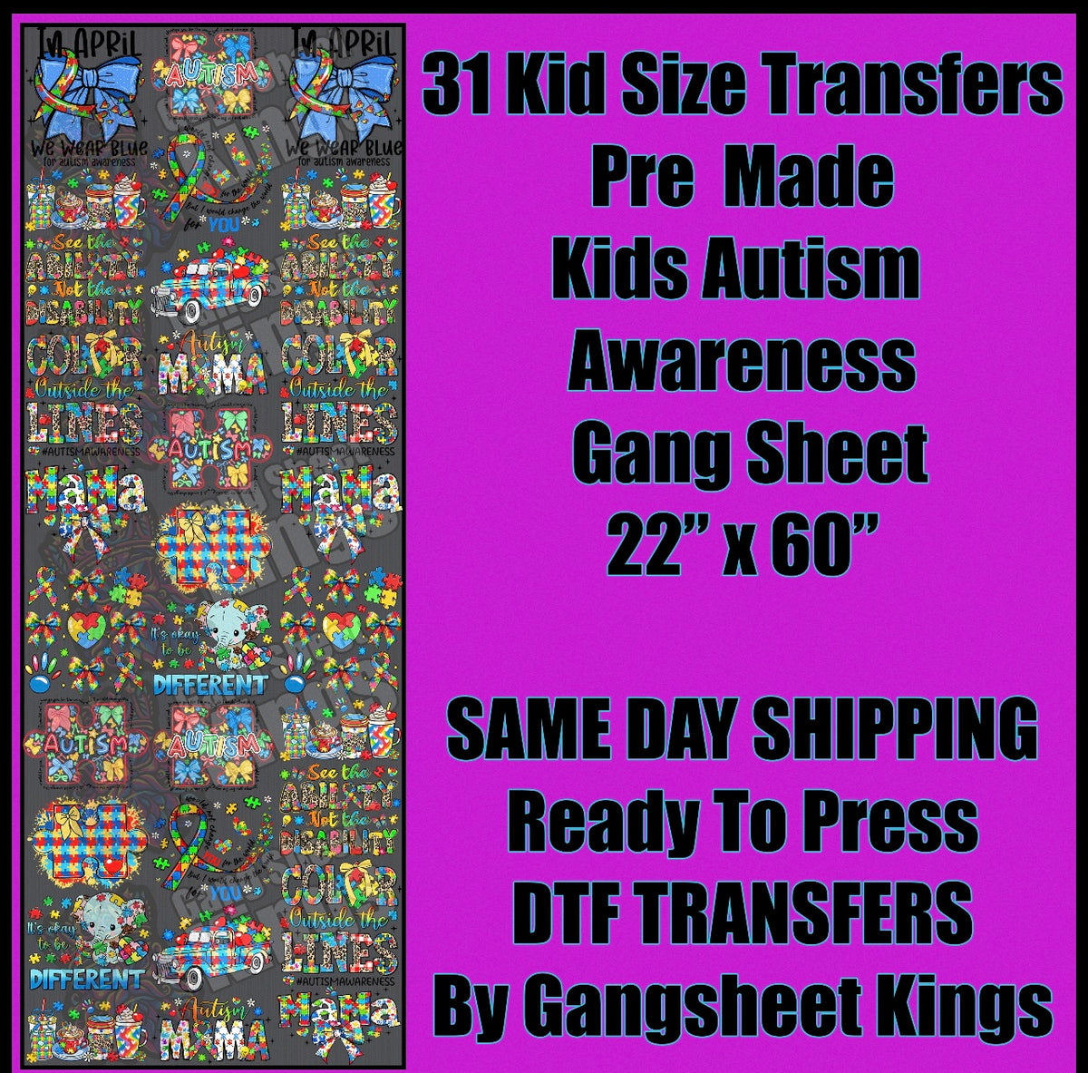 Kids Autism Awareness Gangsheet