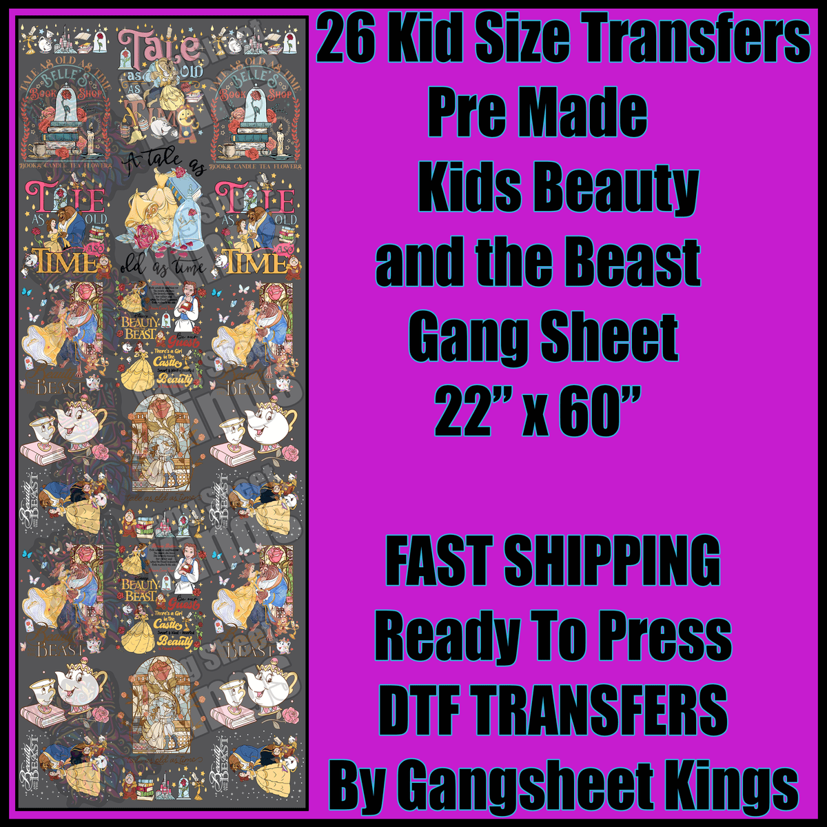 Kids Beauty and the Beast Disney Gangsheet