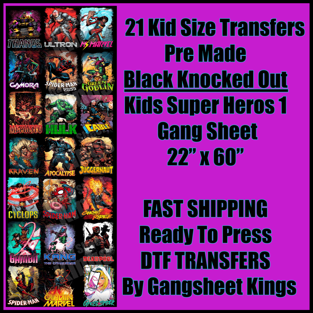 Kids Super Heros 1 Black Knocked Out Gangsheet
