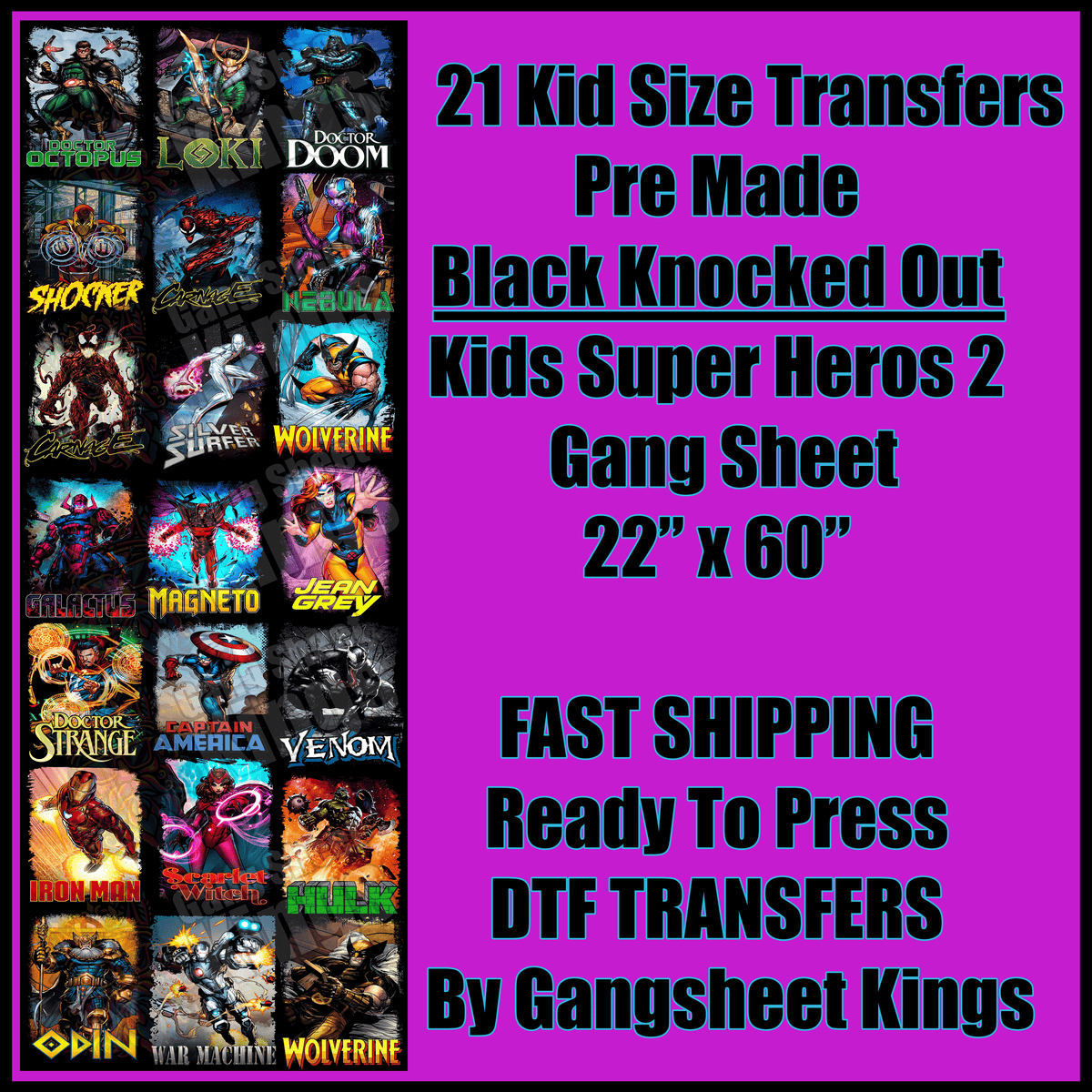 Kids Super Heros 2 Black Knocked Out Gangsheet