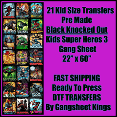 Kids Super Heros 3 Black Knocked Out Gangsheet