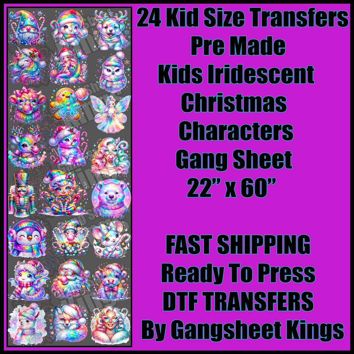 Kids Iridescent Christmas Characters Gangsheet
