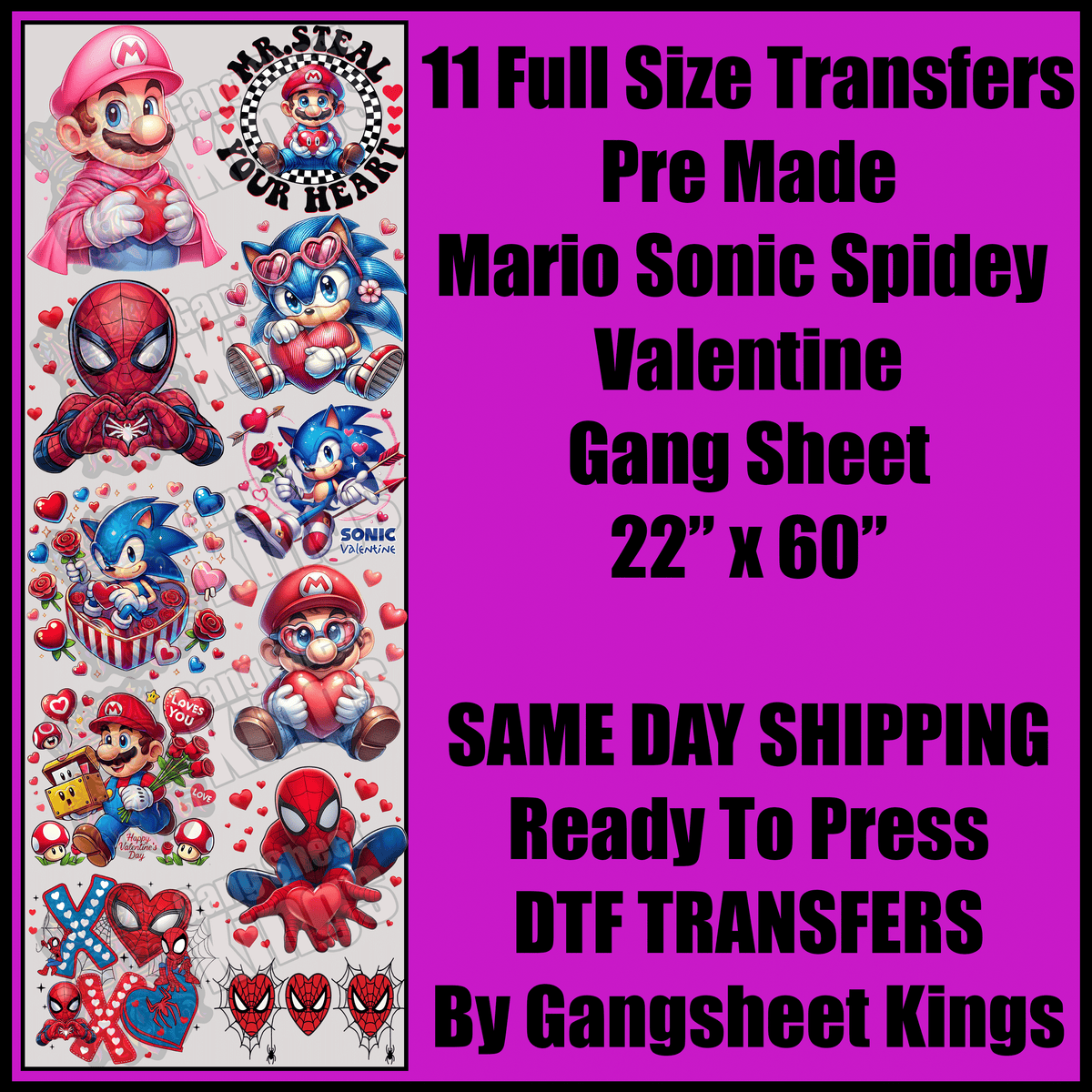 Full Size Mario, Sonic, Spiderman Valentine Gang Sheet