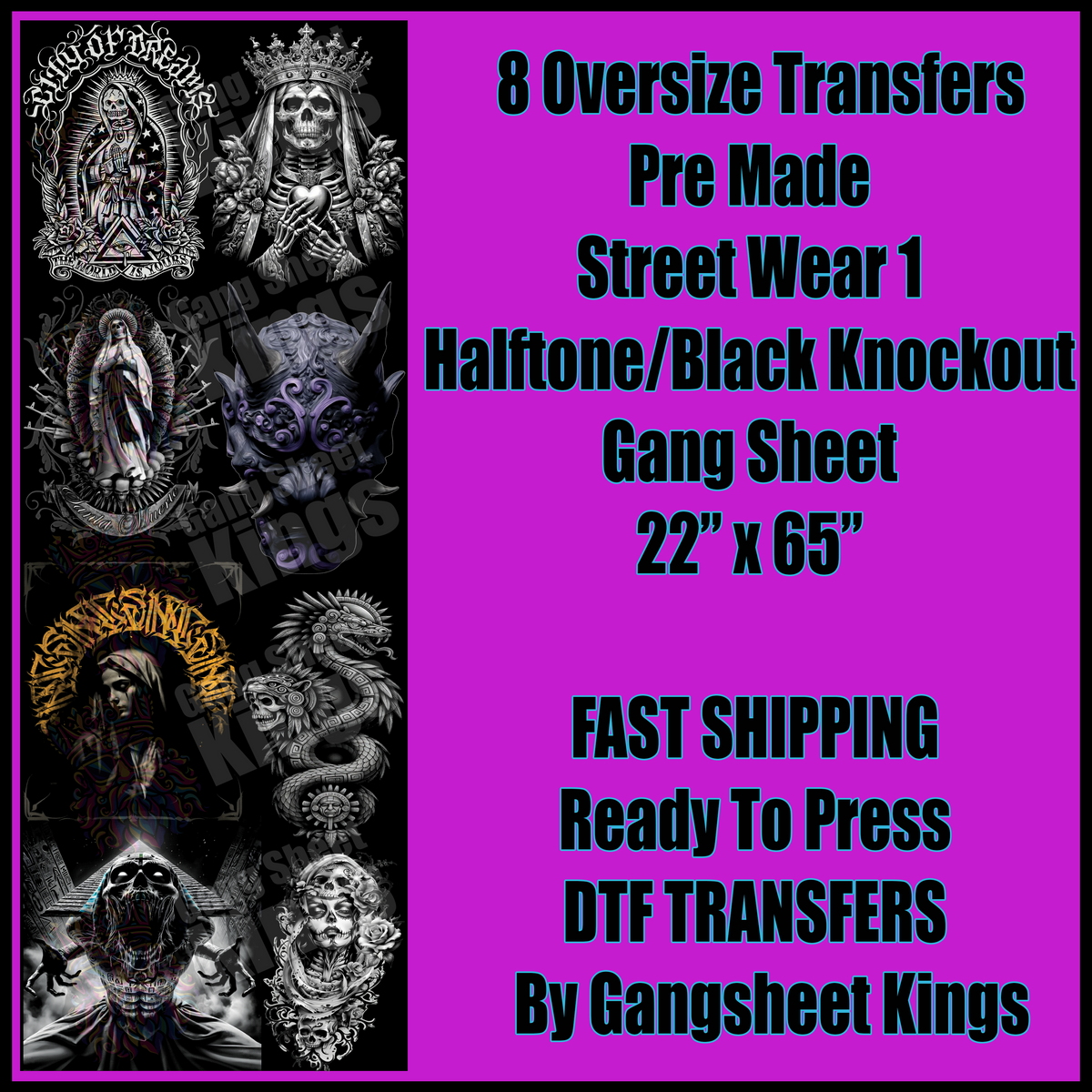 Street Wear 1 Black Knock Out / Halftoned For Black Shirts Gangsheet