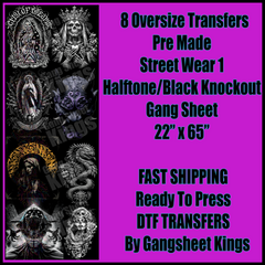 Street Wear 1 Black Knock Out / Halftoned For Black Shirts Gangsheet