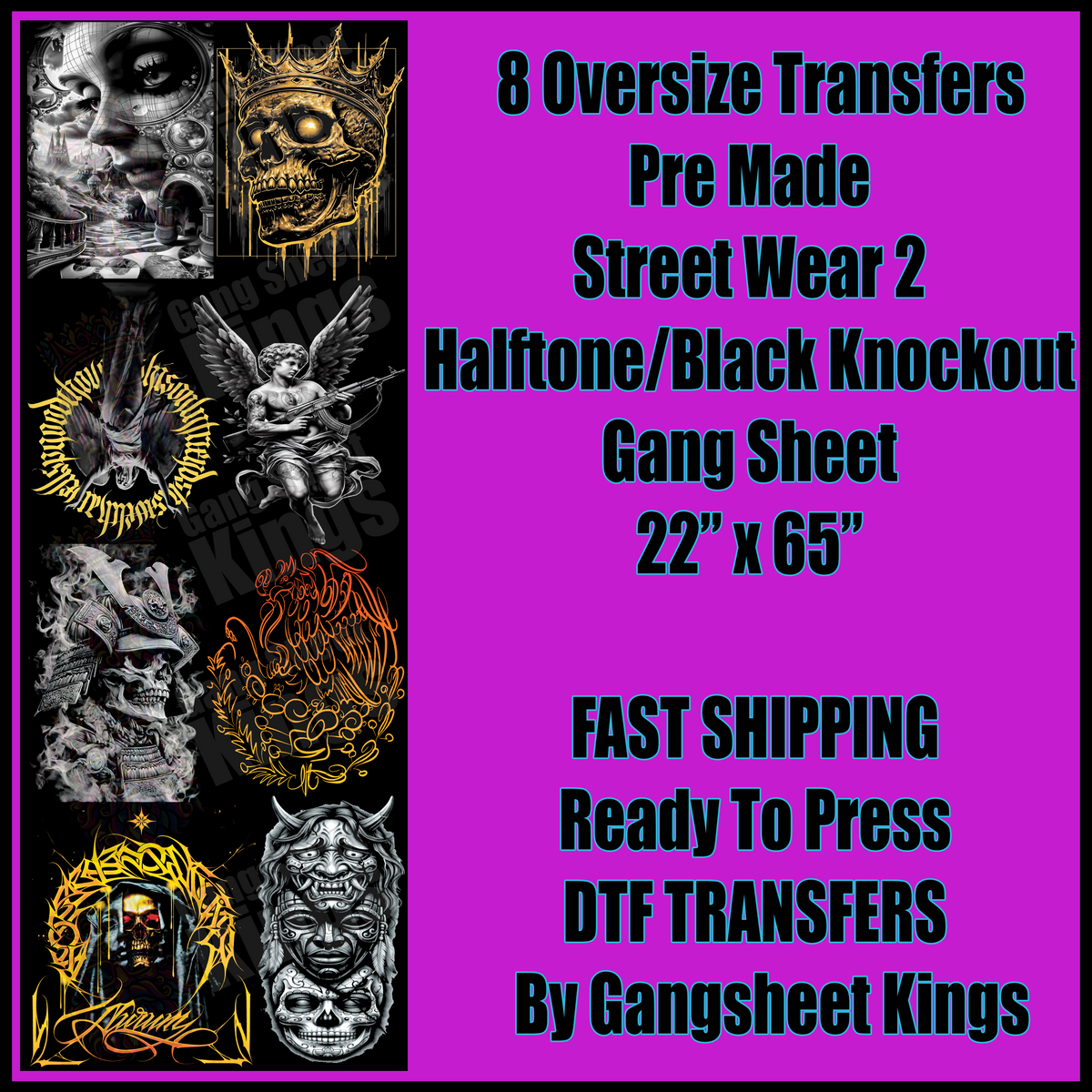Street Wear 2 Black Knock Out / Halftoned For Black Shirts Gangsheet