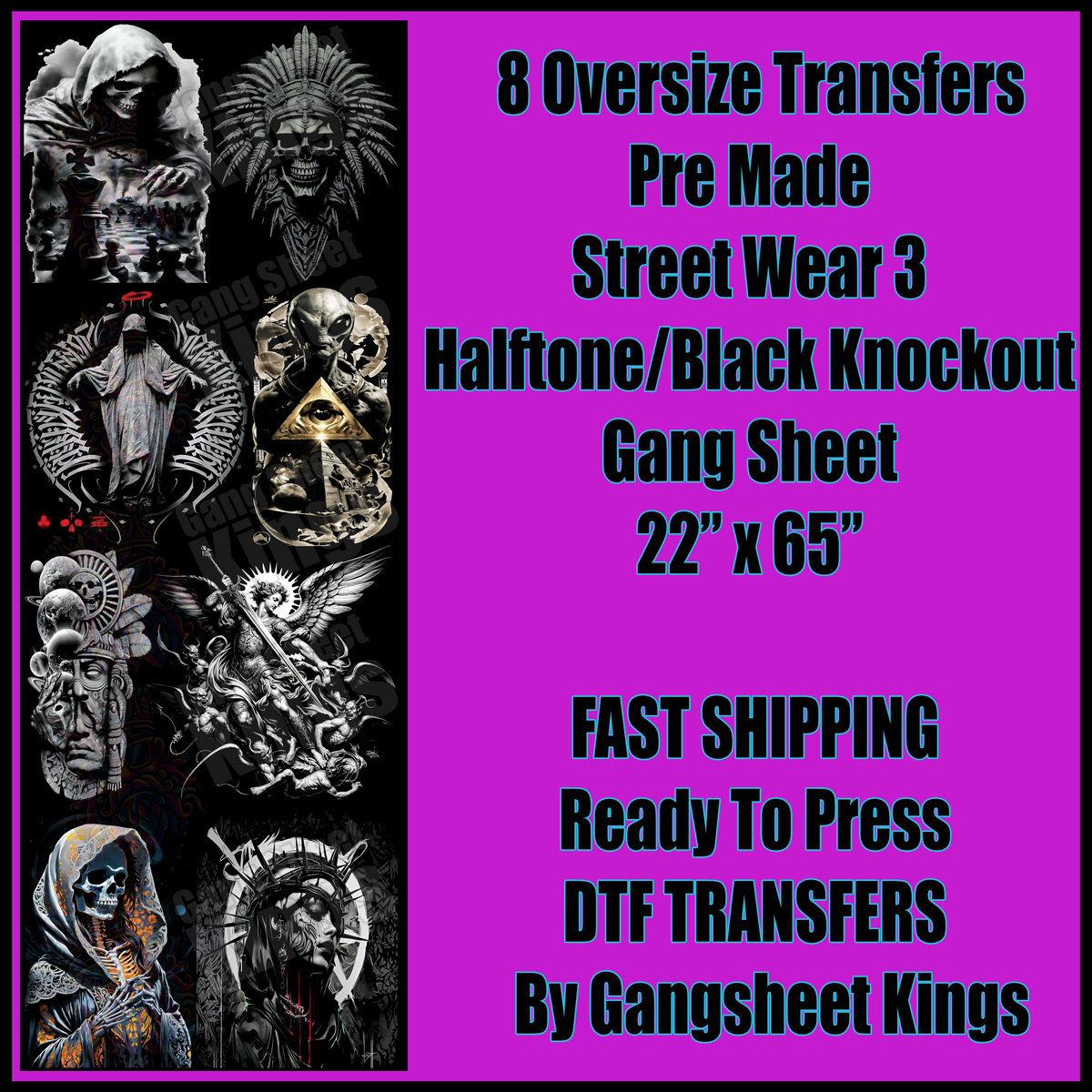 Street Wear 3 Black Knock Out / Halftoned For Black Shirts Gangsheet