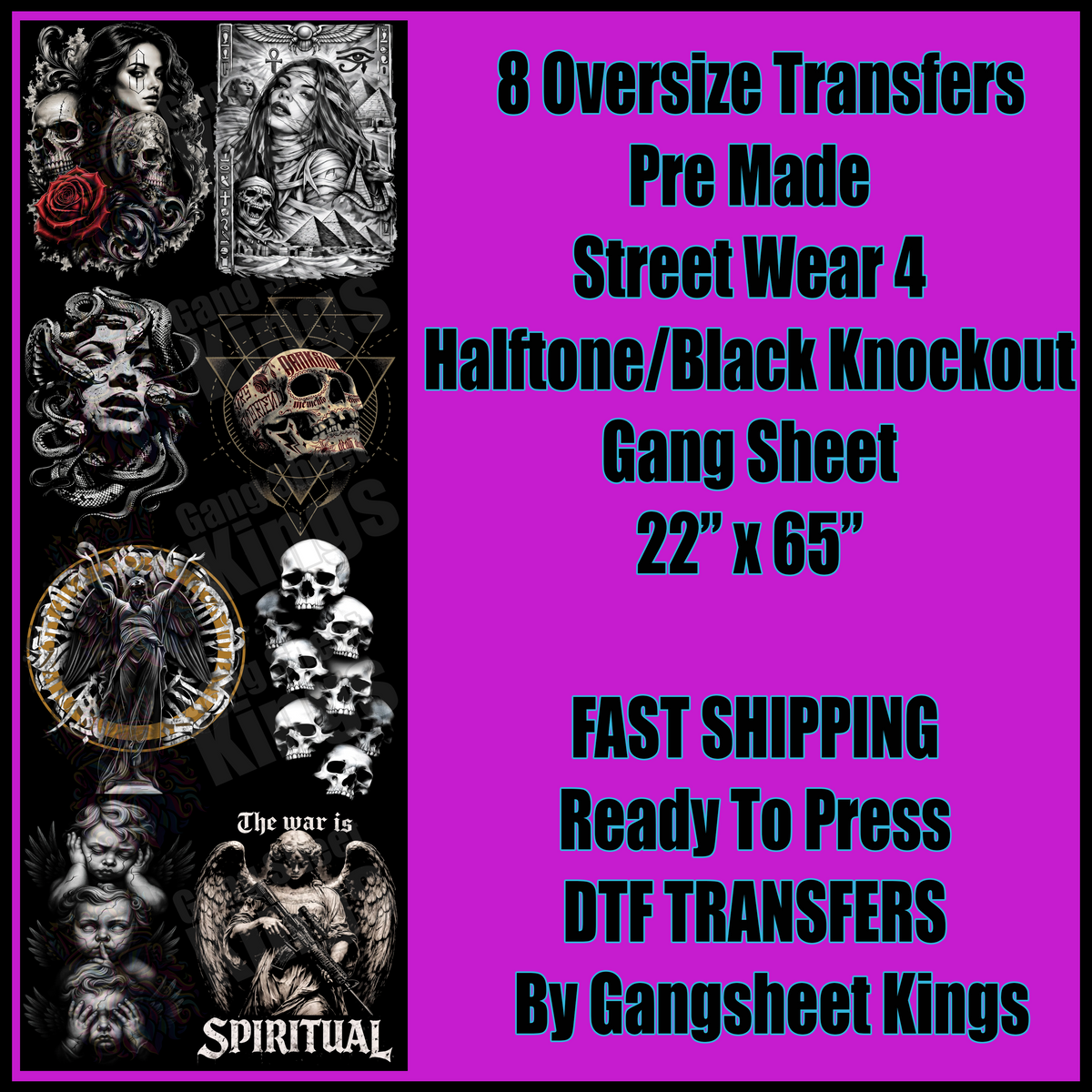 Street Wear 4 Black Knock Out / Halftoned For Black Shirts Gangsheet