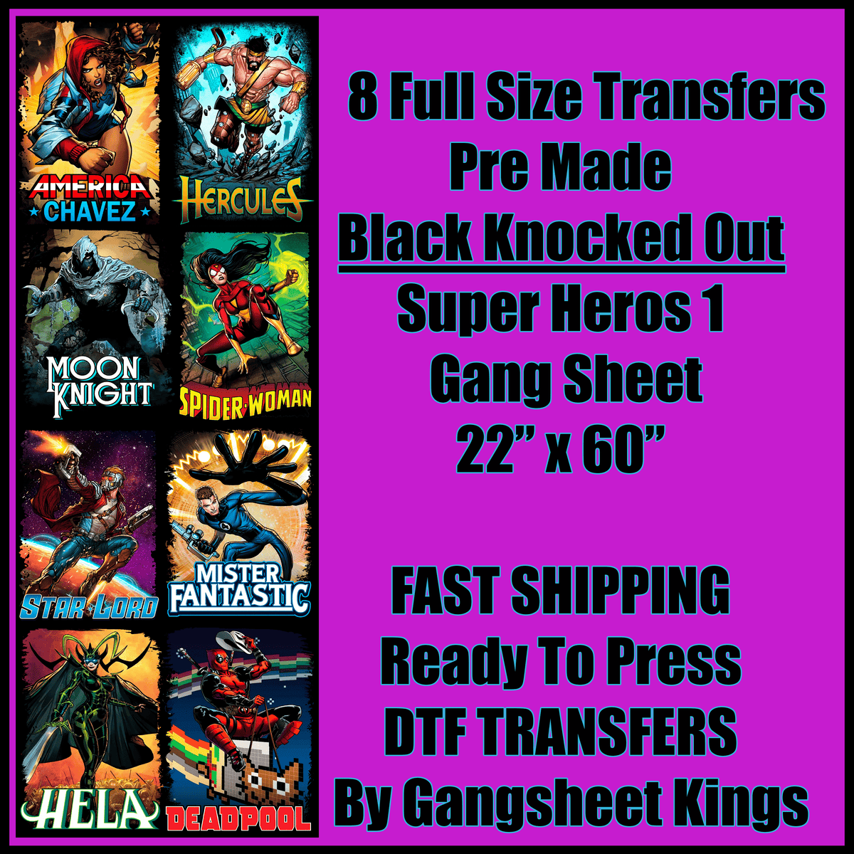 Super Hero 1 Black Knocked Out Gangsheet