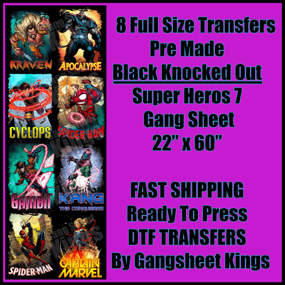 Super Hero 7 Black Knocked Out Gangsheet