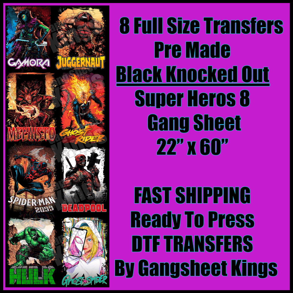 Super Hero 8 Black Knocked Out Gangsheet
