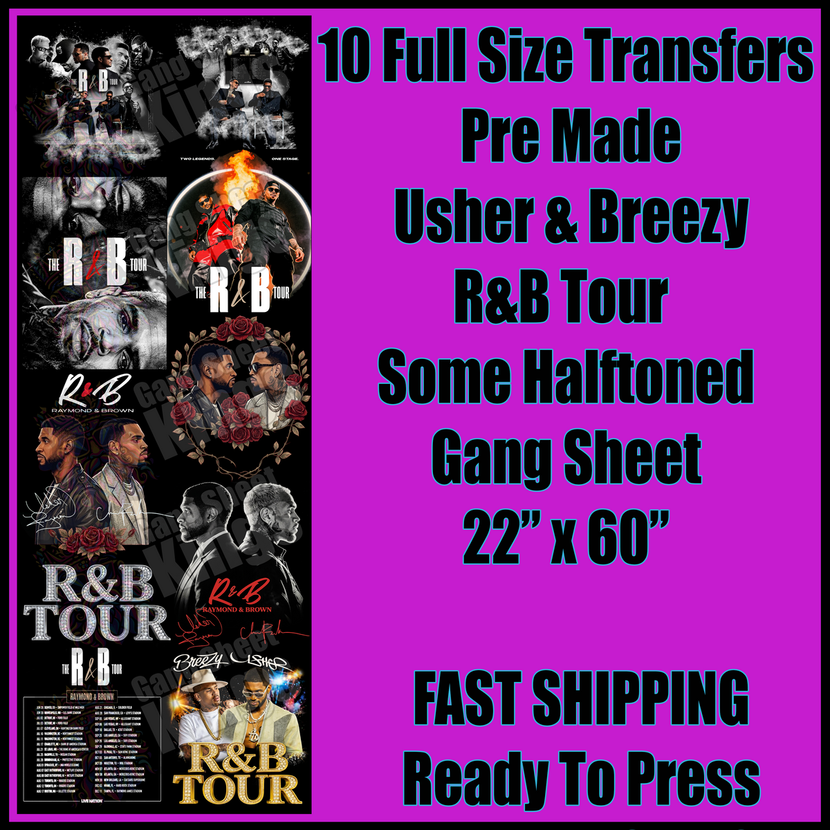Usher & Breezy R&B Tour Some with Halftone for Black Shirts Gangsheet