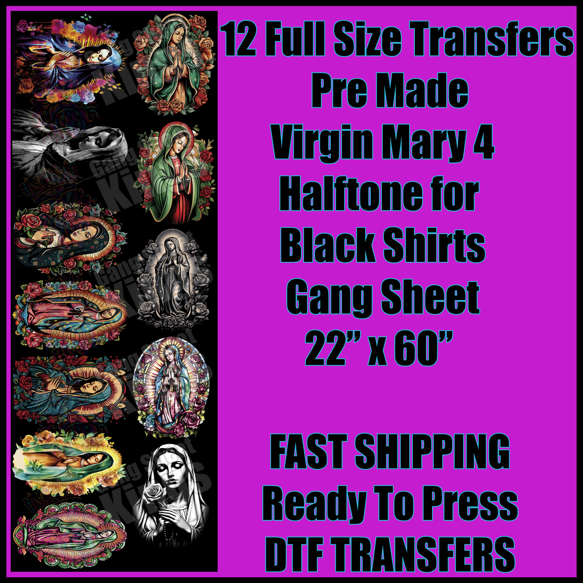 Virgin Mary 4 Halftone for Black Shirts Gangsheet